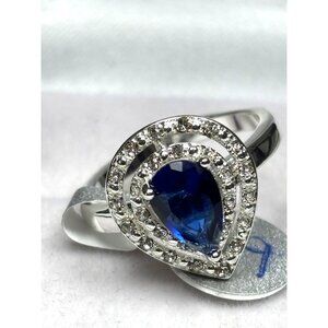 Teardrop Blue Sapphire & Diamond Halo Silver Ring